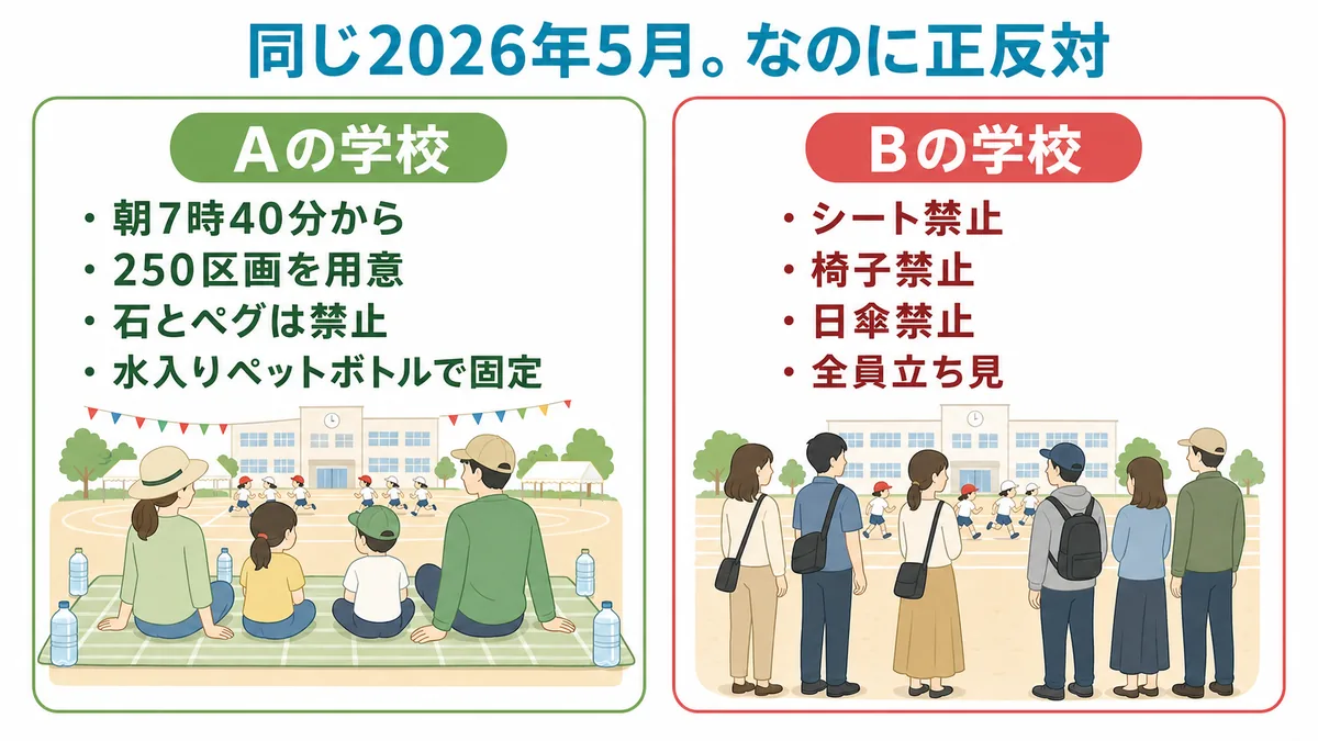 運動会の場所取りルールの比較。2026年5月の案内で、朝7時40分から250区画を用意する学校と、シートも椅子も日傘も禁止で全員立ち見の学校