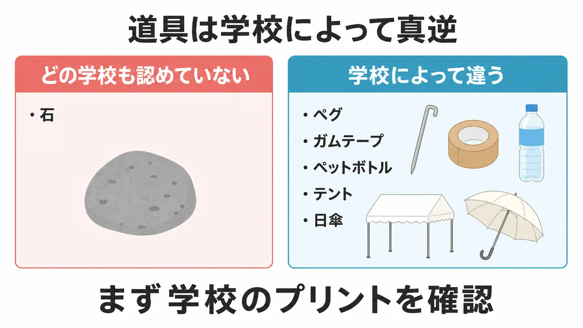 シートを押さえる道具の可否。石はどの学校も認めていない。ペグ、ガムテープ、ペットボトル、テント、日傘は学校によって違う