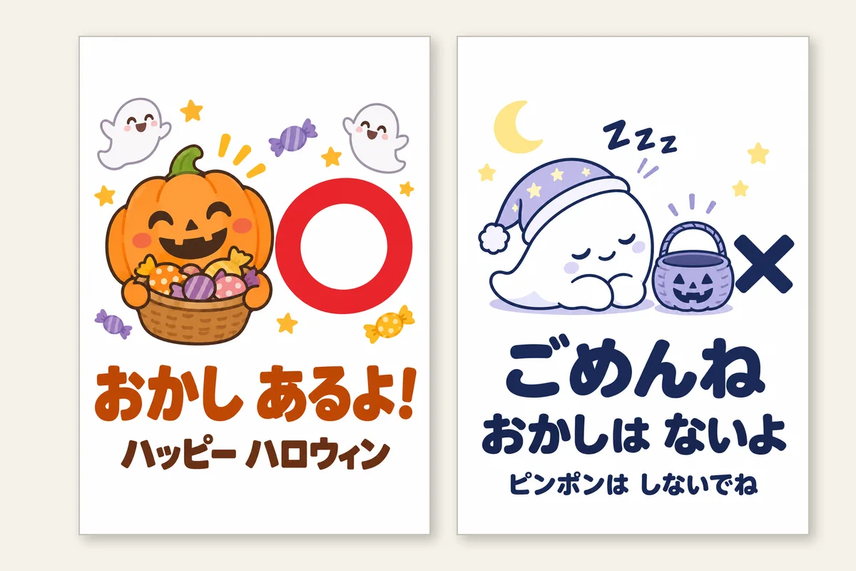 玄関に貼る張り紙2種類。参加する家用の「おかし あるよ!」と、参加しない家用の「ごめんね おかしは ないよ」