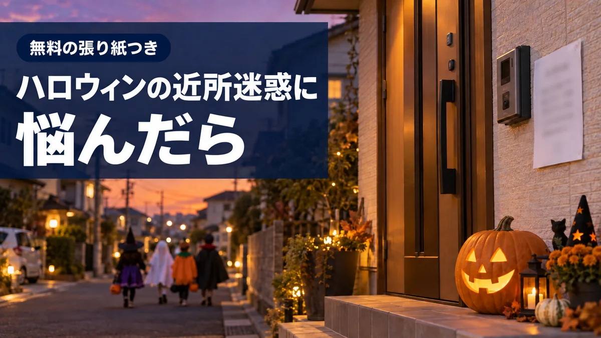ハロウィンの近所迷惑に悩んだときの伝え方を解説する記事のアイキャッチ。夕暮れの住宅街の玄関ドアに、かぼちゃの飾りと張り紙