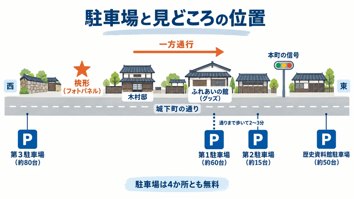 岩村城下町の駐車場と見どころの位置関係。第1駐車場から城下町の通りまで歩いて2〜3分、通りの途中に桝形と木村邸、南の入口近くに第3駐車場、東の端に歴史資料館駐車場
