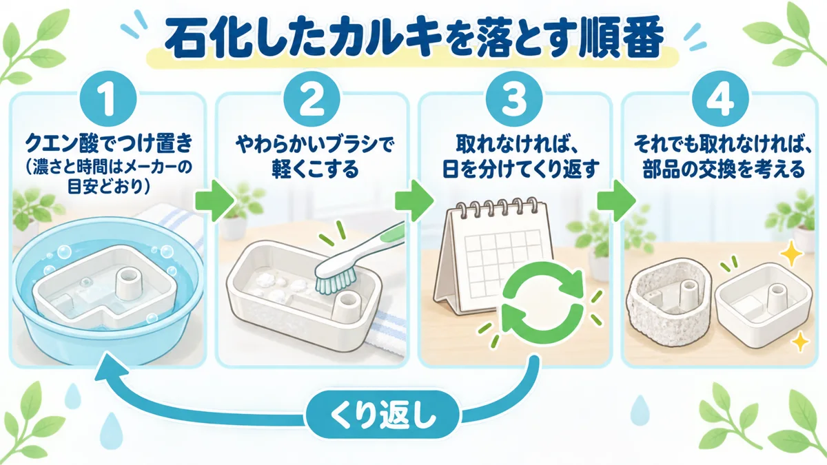 石化したカルキを落とす順番。クエン酸でつけ置き、やわらかいブラシでこする、日を分けて繰り返す、それでも取れなければ部品の交換を考える