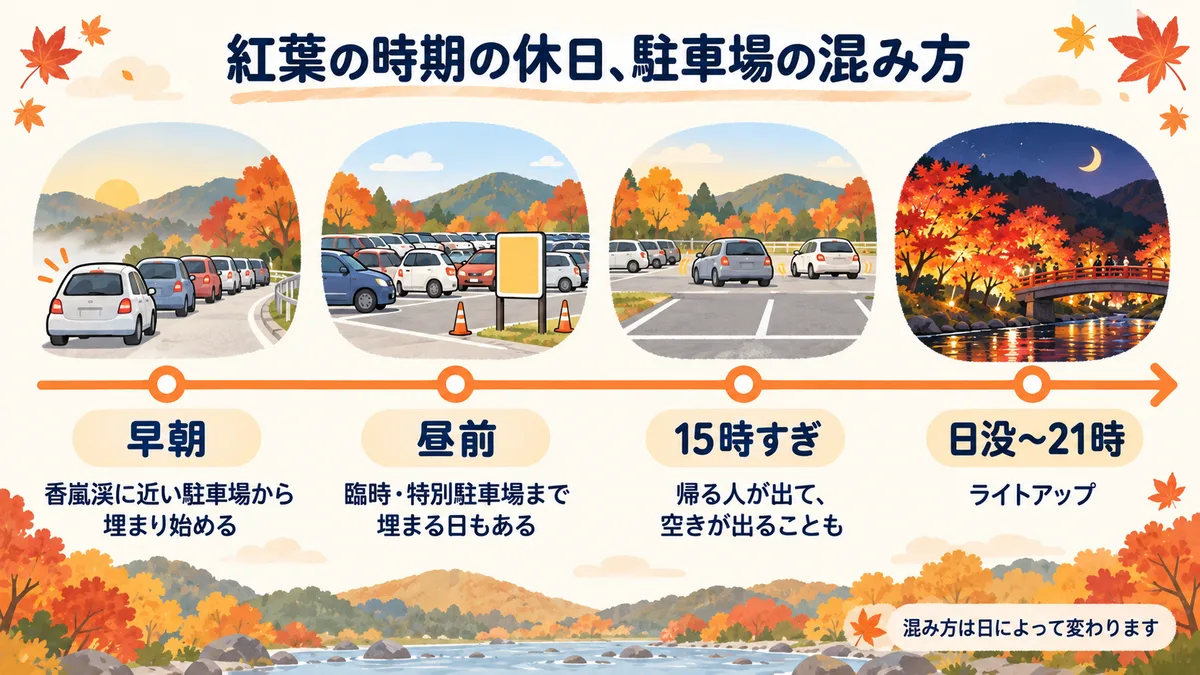 紅葉の時期の休日の駐車場の混み方。朝早くから香嵐渓に近い駐車場が埋まり始め、昼前には臨時駐車場まで埋まる日がある。夕方は帰る人が出て空きが出ることもある