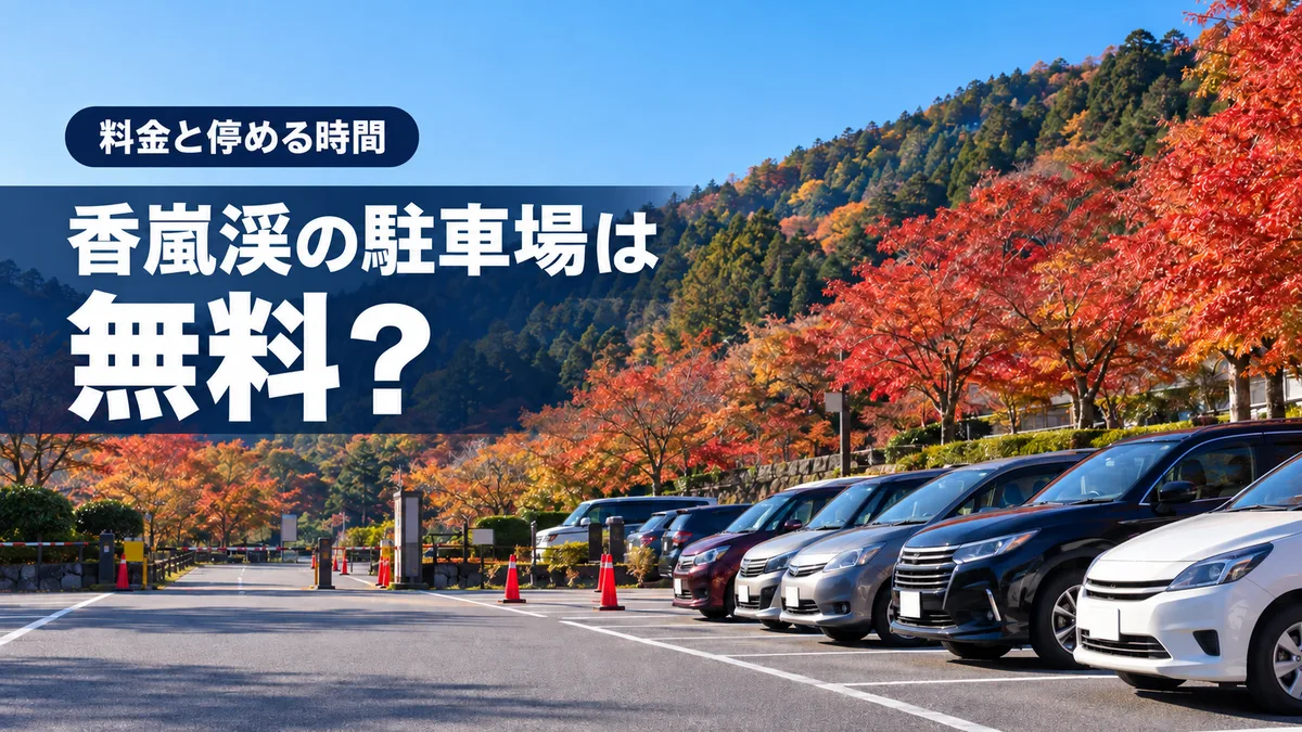 香嵐渓の駐車場を解説する記事のアイキャッチ。紅葉した山のふもとの駐車場と、色づいたもみじ