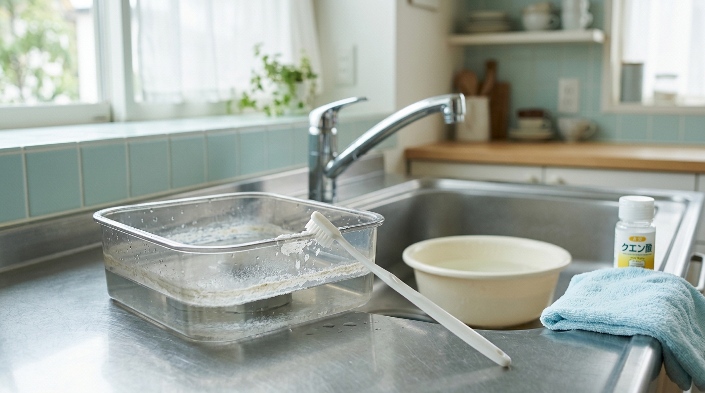 加湿器のトレイに残った白いカルキを、やわらかい歯ブラシで軽くこすって落とすところ