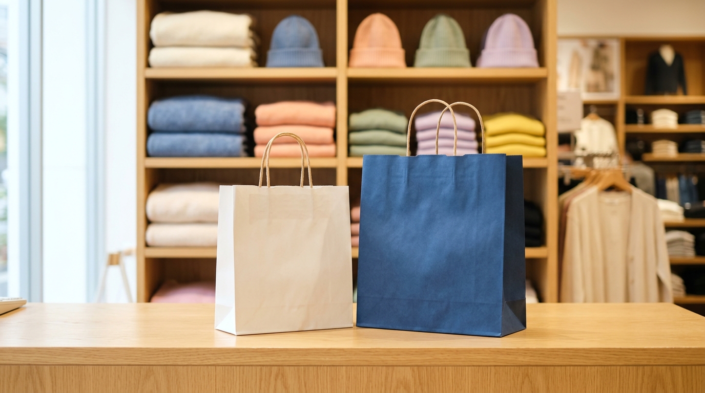 衣料品店のレジカウンターに、無地の紙のショッピングバッグが2つ並んでいるところ