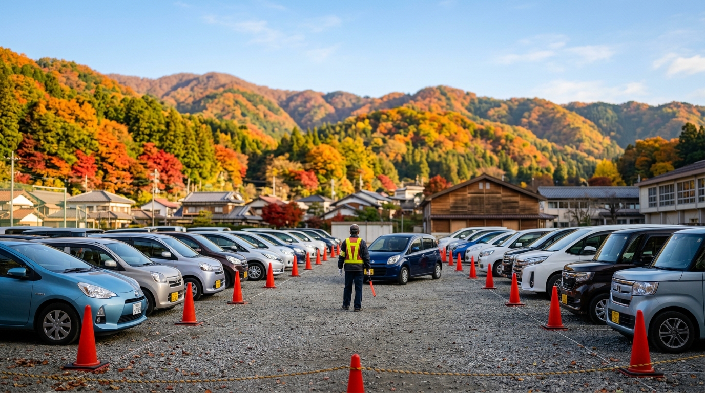 紅葉の時期の臨時駐車場に、係員の誘導で車が並んで停まっている様子