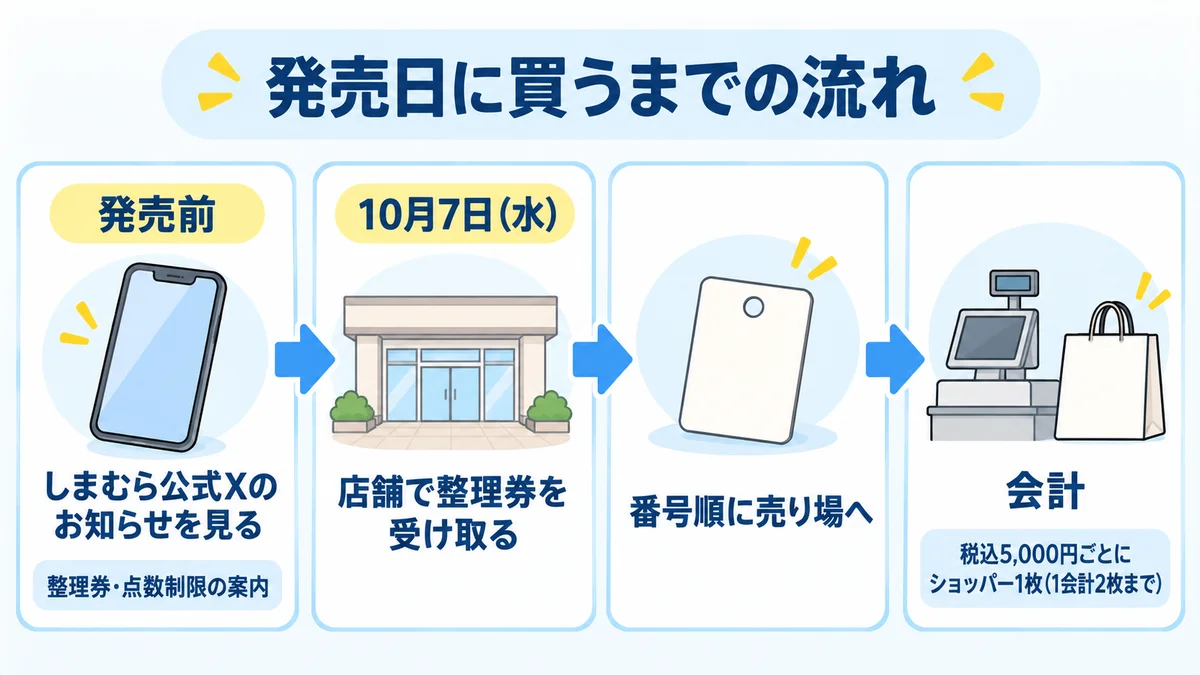 ドラクエ×しまむらのコラボ商品を買うまでの流れ。発売前にしまむら公式Xのお知らせを見る、10月7日に店舗で整理券を受け取る、番号順に売り場へ、税込5,000円ごとにショッパーがもらえる