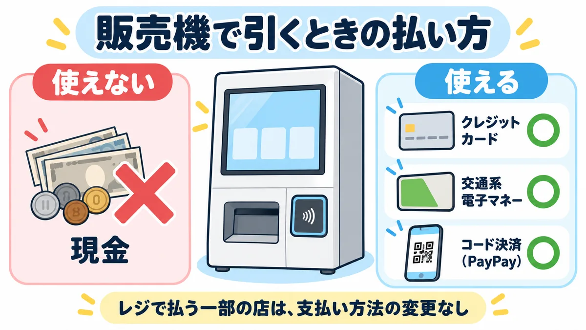 一番くじ公式ショップでの払い方。クレジットカード、交通系電子マネー、PayPayで払えて、現金は使えない