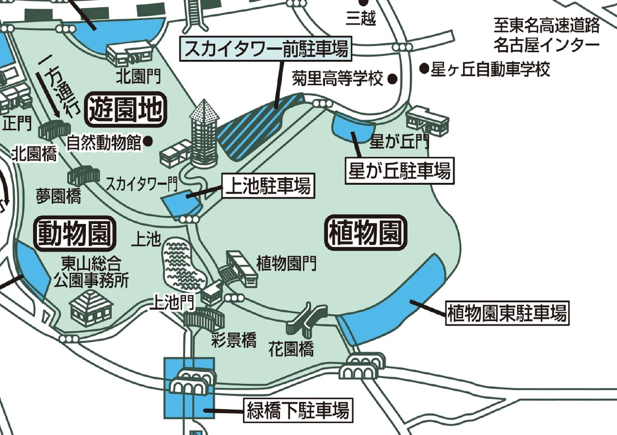東山動植物園の公式案内図の切り取り。動物園の東側に植物園があり、スカイタワー前駐車場・上池駐車場・星が丘駐車場・植物園東駐車場・緑橋下駐車場の5か所と、星が丘門・植物園門・スカイタワー門・上池門の位置が描かれている。夕方4時半以降に出入りできるのは星が丘門と植物園門