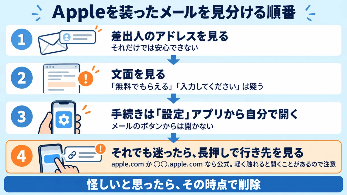 Appleを装ったメールを見分ける順番。1 差出人のアドレスを見る(それだけでは安心できない)、2 無料でもらえる・パスワードやカード番号を入力させる文面は疑う、3 手続きはメールのボタンではなく設定アプリや公式サイトから自分で開く、4 それでも迷ったら長押しで行き先のURLがapple.comか○○.apple.comか見る。怪しいと思ったら、その時点で削除