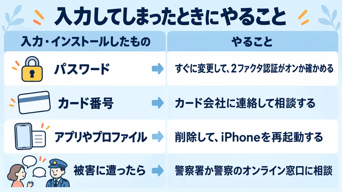 入力してしまったときにやること。Apple Accountのパスワードを入力したらすぐに変更して2ファクタ認証を確かめる、カード番号を入力したらカード会社に連絡する、アプリやプロファイルを入れたら削除して再起動する、被害に遭ったら警察に相談する
