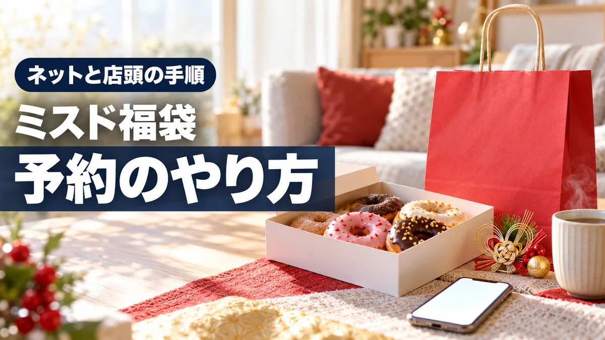 ミスド福袋の予約のやり方の記事のアイキャッチ。窓辺のテーブルに置いた赤い福袋とドーナツの箱