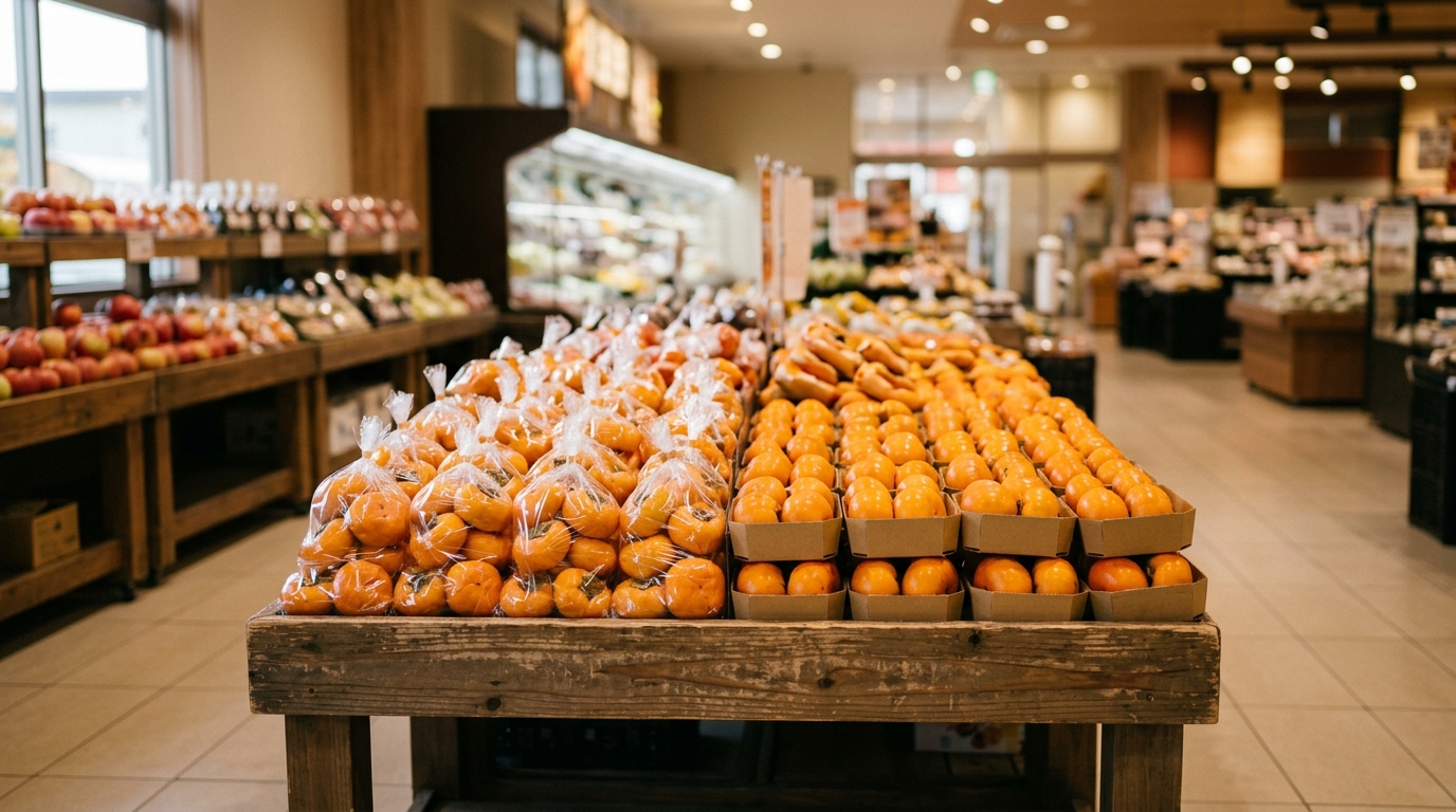 店頭の果物売り場に並ぶ、袋入りの種なし柿と箱入りの柿