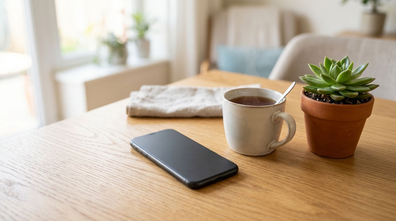 テーブルに伏せて置かれたスマートフォンと温かい飲み物