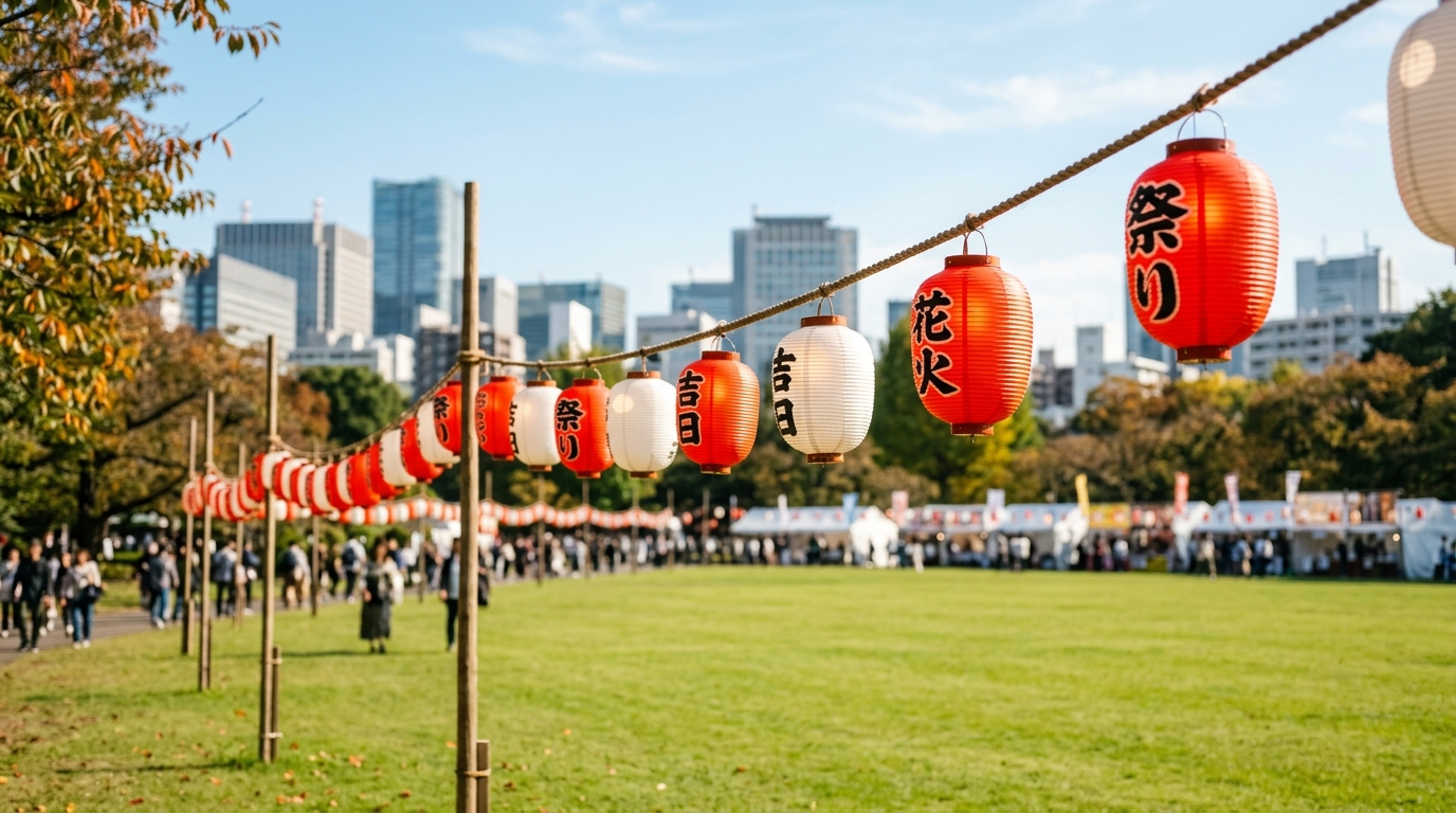 秋晴れの都会の公園に並ぶ、祭りの提灯と緑の芝生