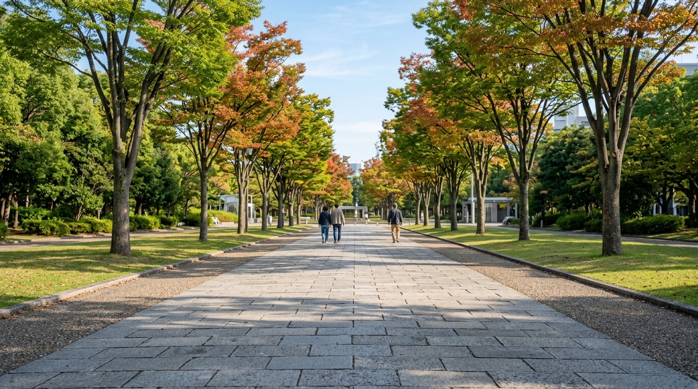 朝の公園の広い参道を、少し離れて人が歩いている様子