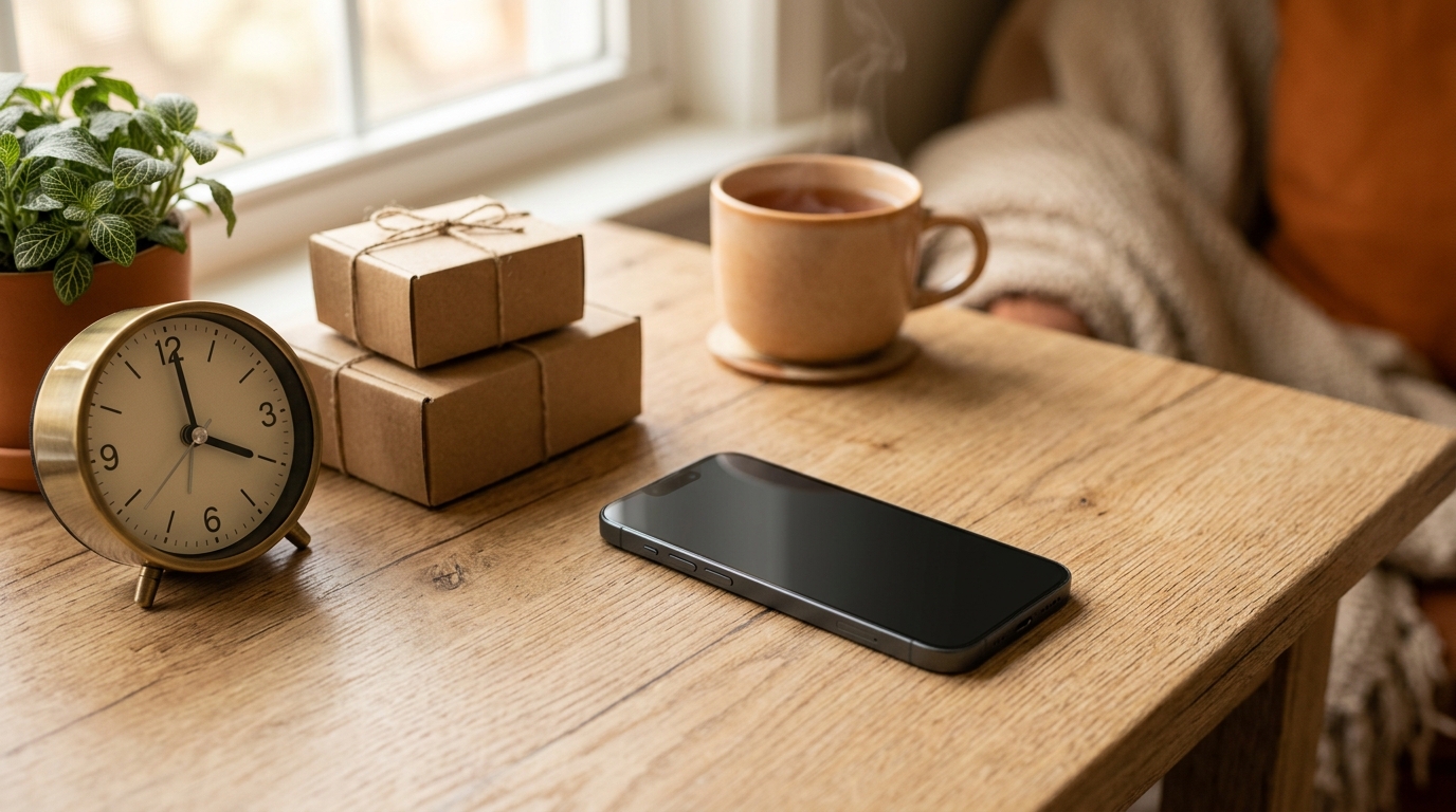 机の上に置いたスマホと時計、届いた段ボール箱