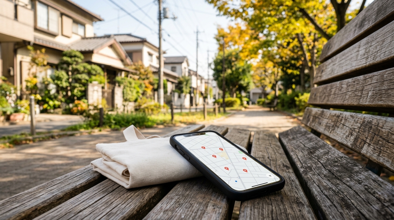 近くのお店を地図で探せるスマホと、たたんだ白いエコバッグ