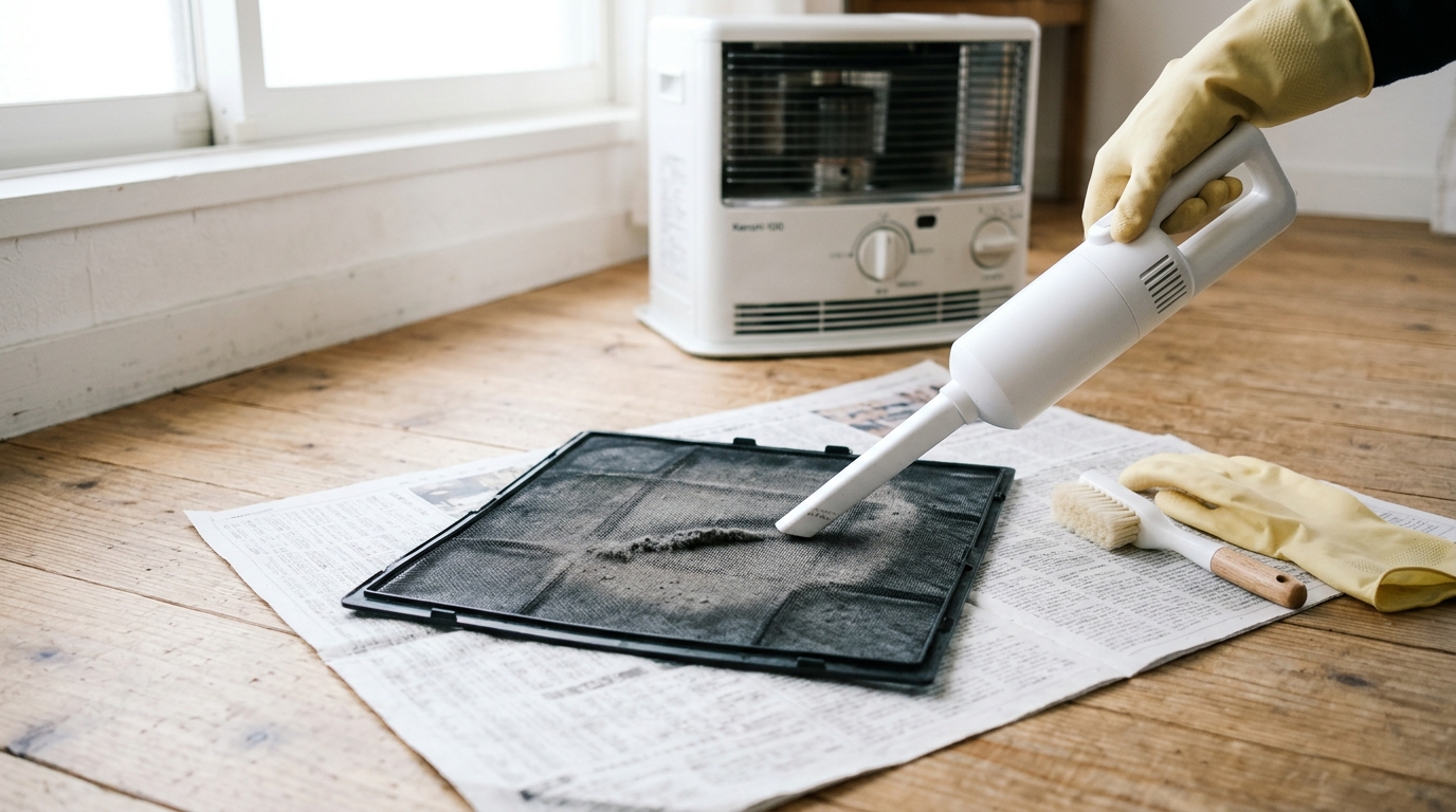 新聞紙の上に外した黒い網目のフィルターと、掃除機のすき間用ノズル