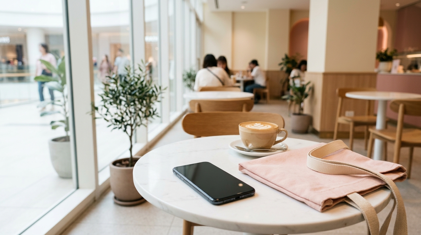 カフェのテーブルに置いたスマートフォンと、淡いピンクのトートバッグ