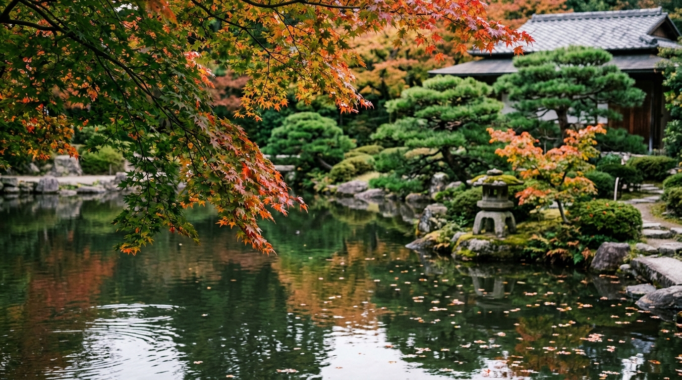 秋の日本庭園の池と、色づき始めたもみじ
