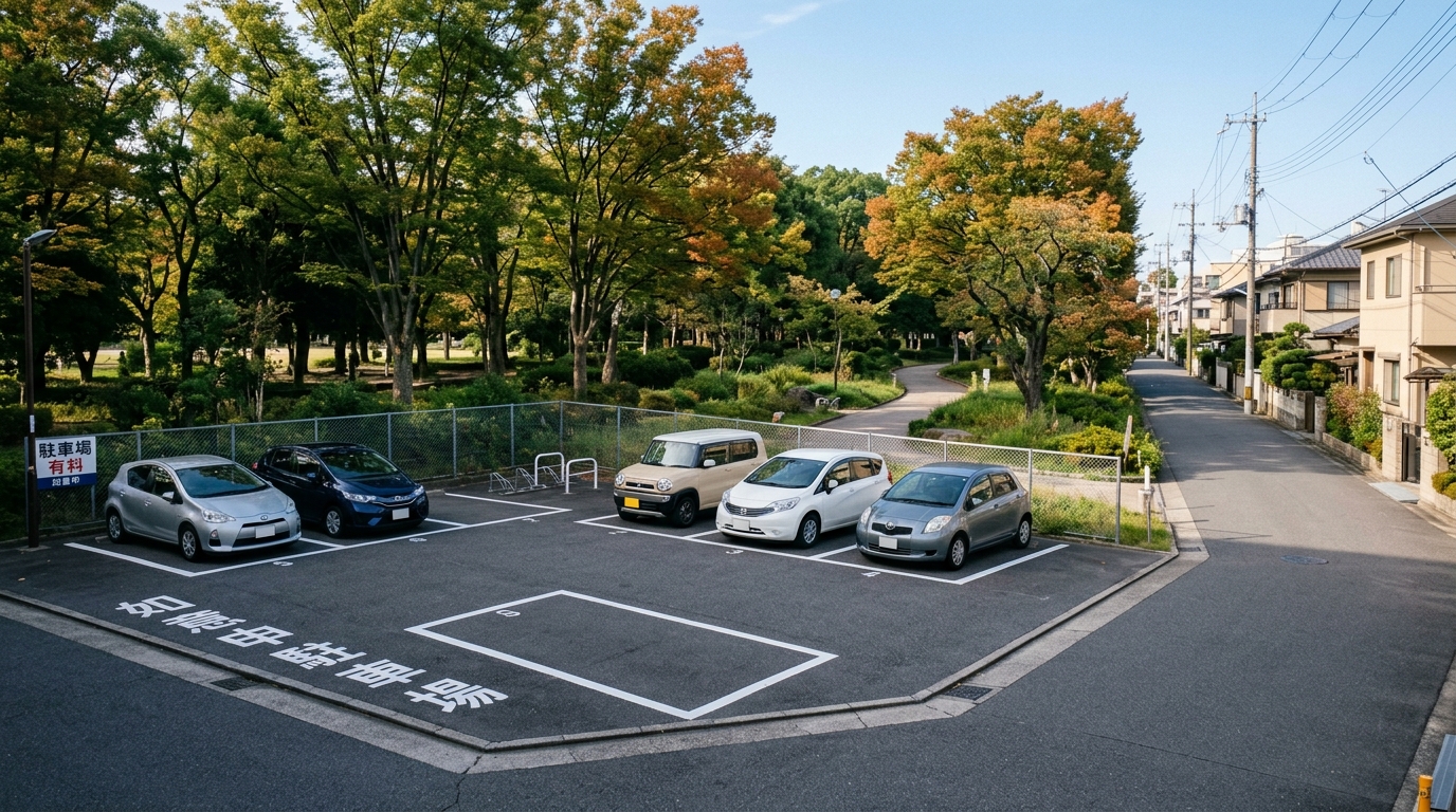 公園のそばの駐車場に車が並び、手前に1台分の空きがある様子