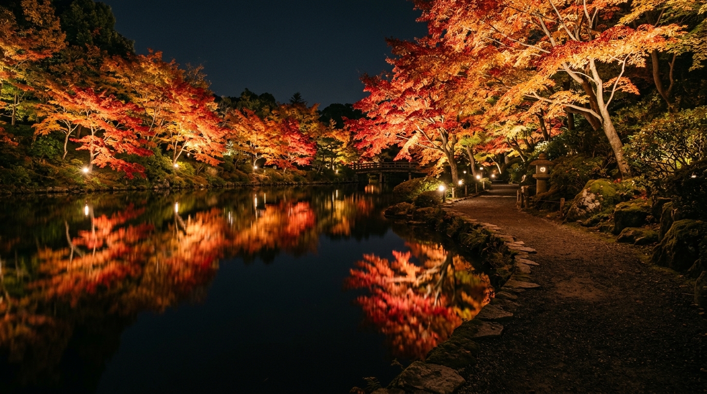 夜の池のほとりで、ライトアップされたもみじが水面に映っている様子
