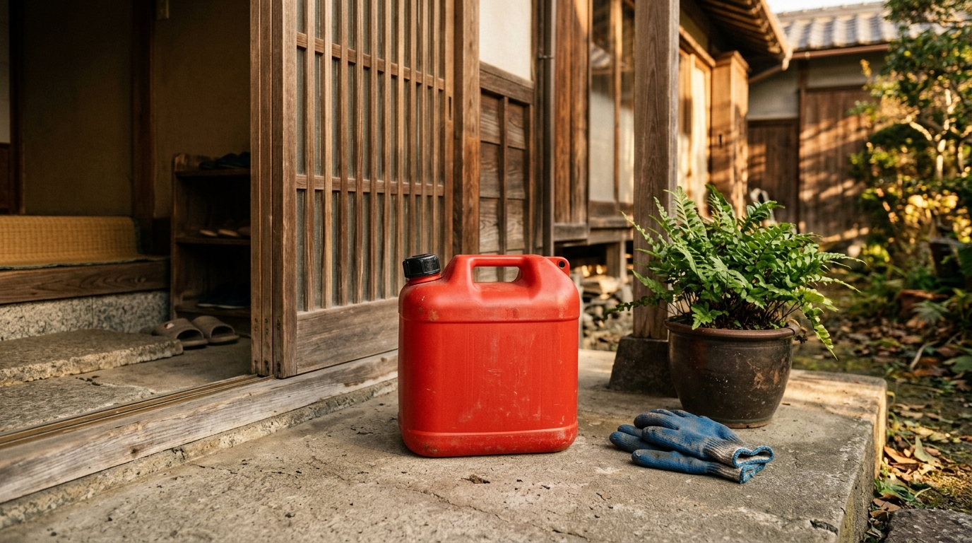 玄関わきに置いた赤いポリ缶と、たたんだ手袋