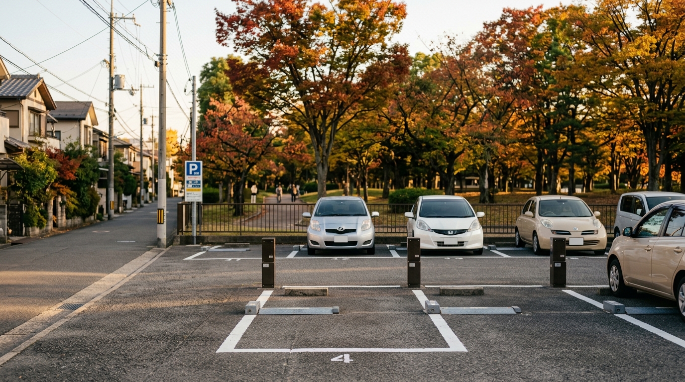 公園の近くの小さな駐車場に、車が白線に沿って何台か停まっている様子